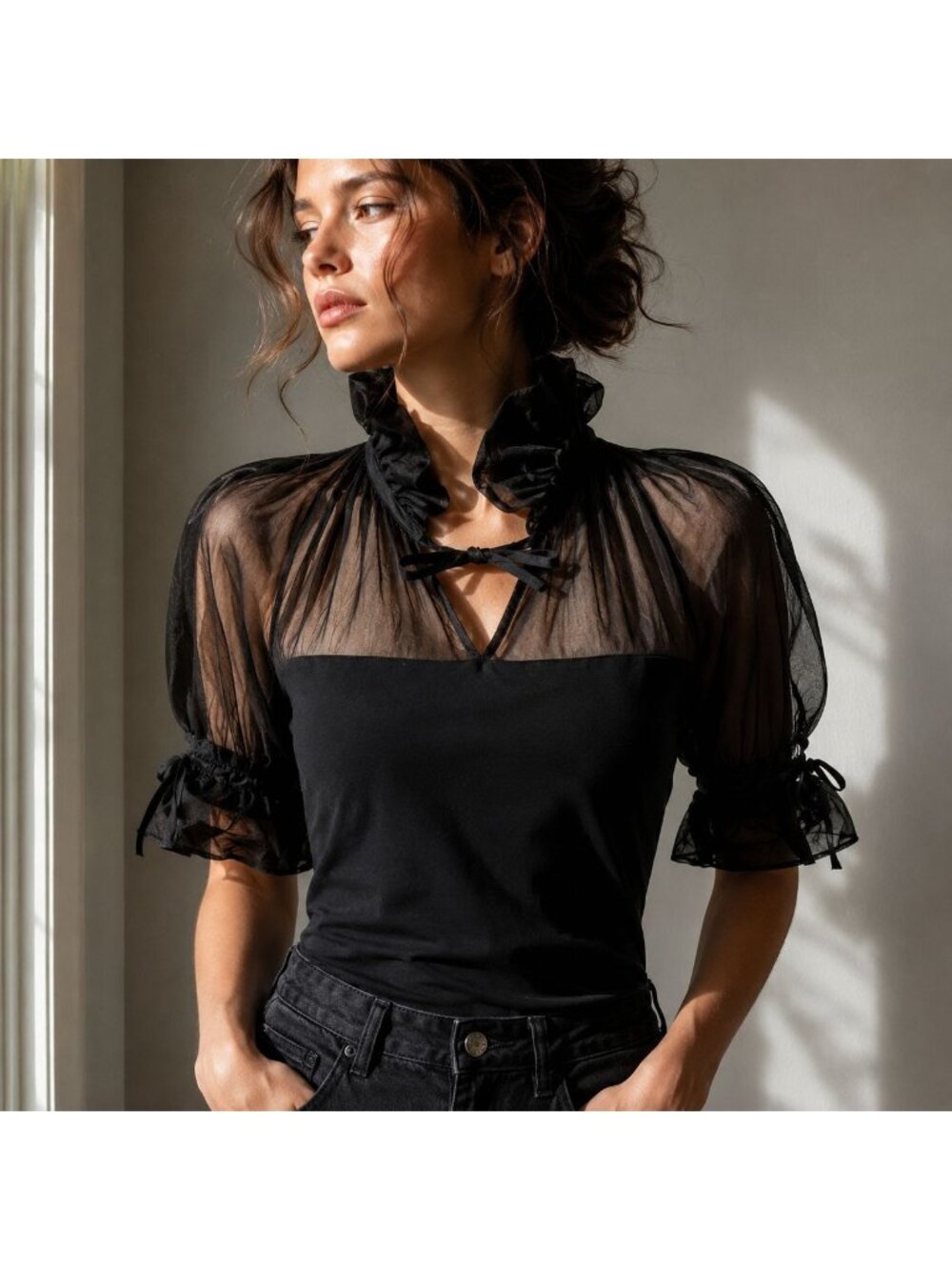 Anne Fontaine Carmella 40 Black Sheer Organza Puff Sleeves French Edwardian Top - Picture 1 of 15